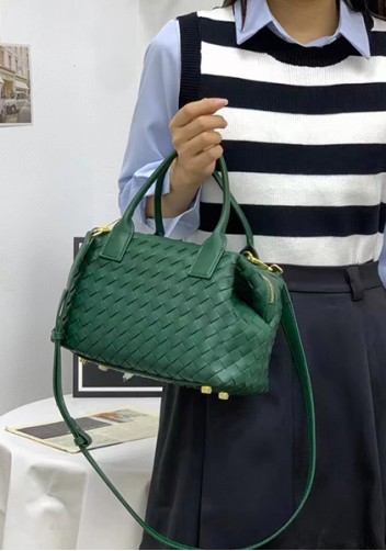 Mia Woven Leather Medium Shoulder Tote Green