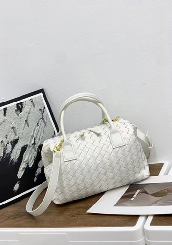 Mia Woven Leather Medium Shoulder Tote White