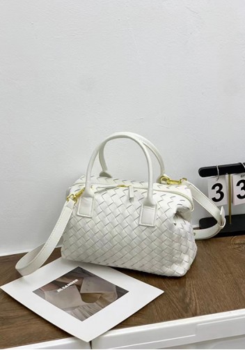 Mia Woven Leather Medium Shoulder Tote White