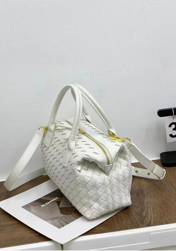 Mia Woven Leather Medium Shoulder Tote White