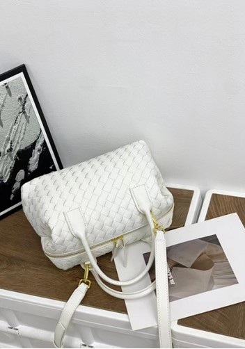 Mia Woven Leather Medium Shoulder Tote White