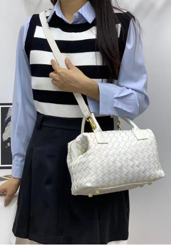 Mia Woven Leather Medium Shoulder Tote White