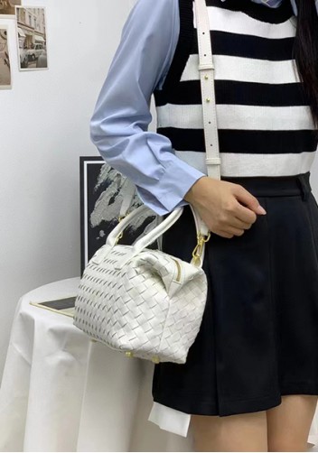 Mia Woven Leather Medium Shoulder Tote White