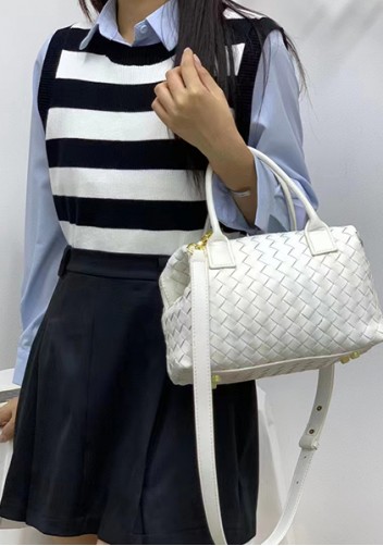 Mia Woven Leather Medium Shoulder Tote White