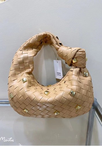 Dina Small Knotted Intrecciato Vegan Leather Tote Studs Beige