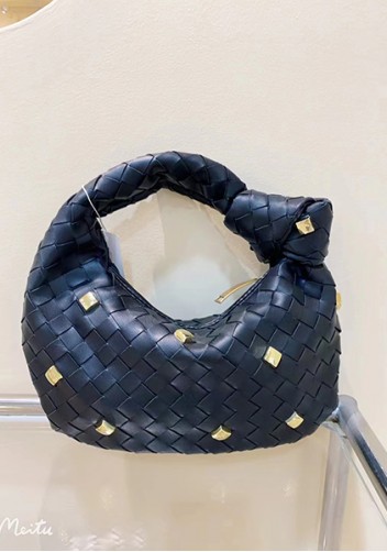 Dina Small Knotted Intrecciato Vegan Leather Tote Studs Black