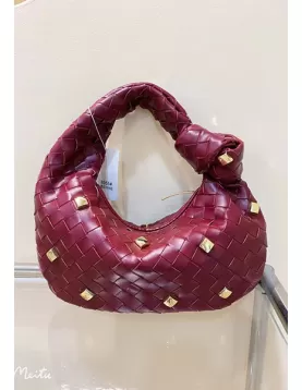 Dina Small Knotted Intrecciato Vegan Leather Tote Studs Burgundy