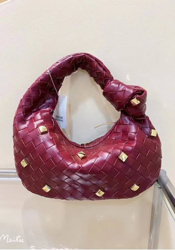 Dina Small Knotted Intrecciato Vegan Leather Tote Studs Burgundy