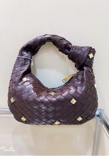 Dina Small Knotted Intrecciato Vegan Leather Tote Studs Choco