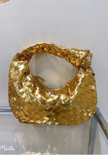 Dina Small Knotted Intrecciato Vegan Leather Tote Studs Gold