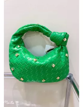 Dina Small Knotted Intrecciato Vegan Leather Tote Studs Green