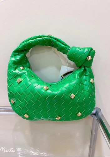 Dina Small Knotted Intrecciato Vegan Leather Tote Studs Green