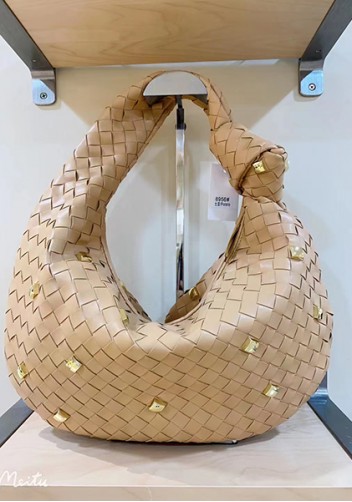 Dina Medium Knotted Intrecciato Vegan Leather Tote Studs Beige