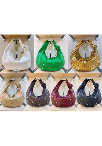 Dina Medium Knotted Intrecciato Vegan Leather Tote Studs Beige