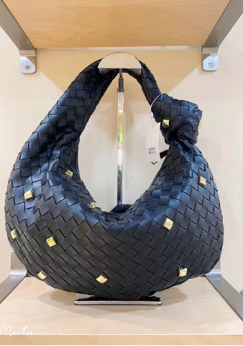 Dina Medium Knotted Intrecciato Vegan Leather Tote Studs Black