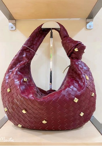 Dina Medium Knotted Intrecciato Vegan Leather Tote Studs Burgundy