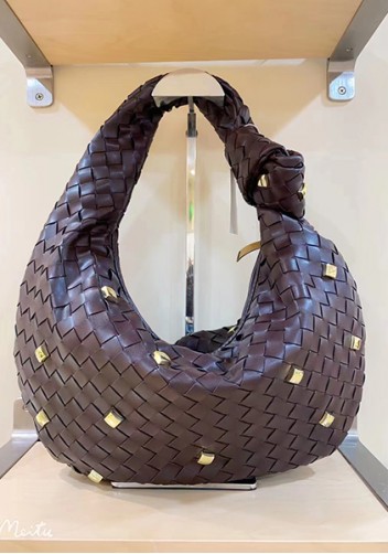 Dina Medium Knotted Intrecciato Vegan Leather Tote Studs Choco