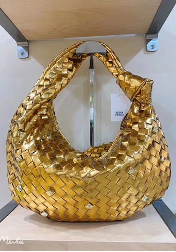 Dina Medium Knotted Intrecciato Vegan Leather Tote Studs Gold
