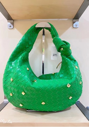 Dina Medium Knotted Intrecciato Vegan Leather Tote Studs Green