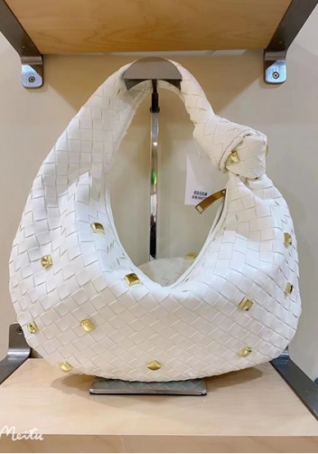 Dina Medium Knotted Intrecciato Vegan Leather Tote Studs White