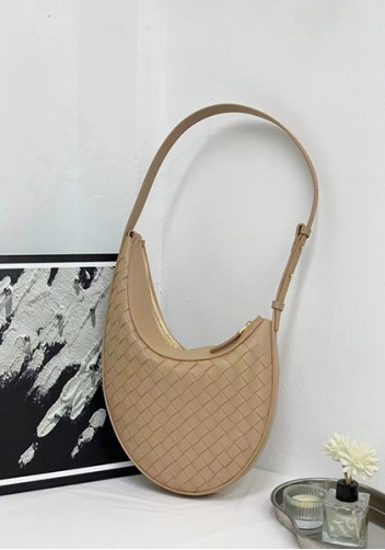 Mia Drop Woven Leather Shoulder Bag Beige