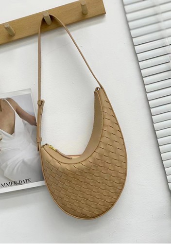 Mia Drop Woven Leather Shoulder Bag Beige