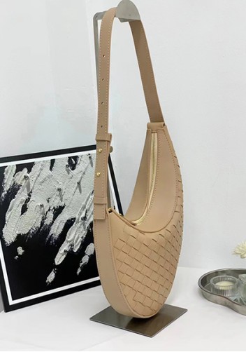 Mia Drop Woven Leather Shoulder Bag Beige