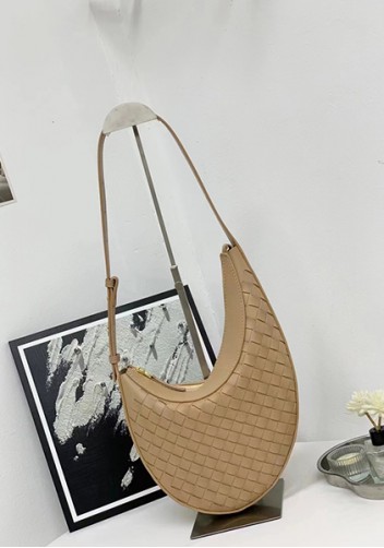Mia Drop Woven Leather Shoulder Bag Beige