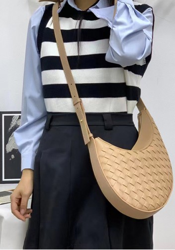 Mia Drop Woven Leather Shoulder Bag Beige