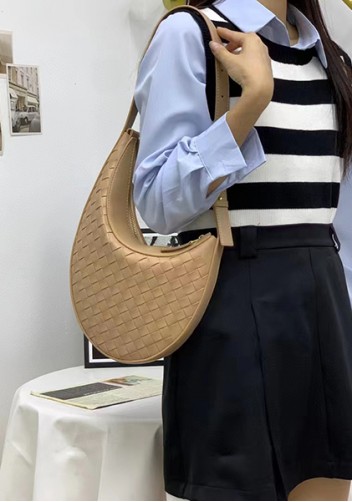 Mia Drop Woven Leather Shoulder Bag Beige