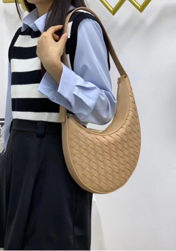 Mia Drop Woven Leather Shoulder Bag Beige