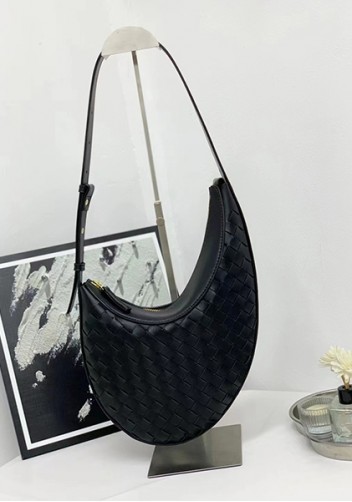 Mia Drop Woven Leather Shoulder Bag Black