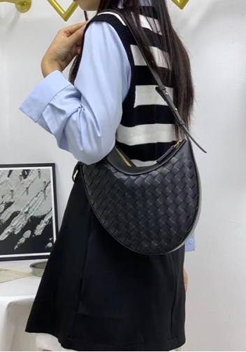 Mia Drop Woven Leather Shoulder Bag Black