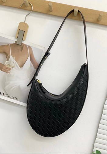 Mia Drop Woven Leather Shoulder Bag Black