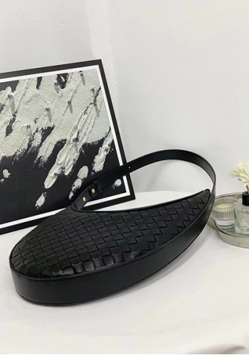 Mia Drop Woven Leather Shoulder Bag Black