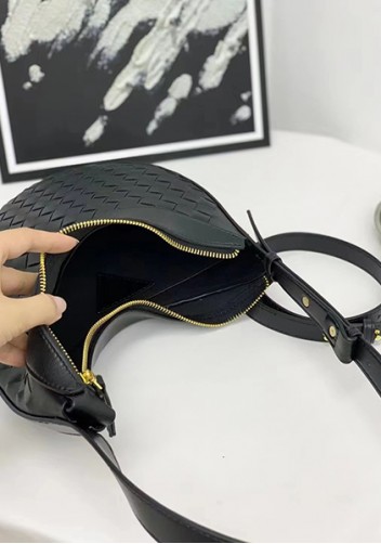 Mia Drop Woven Leather Shoulder Bag Black