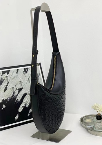 Mia Drop Woven Leather Shoulder Bag Black