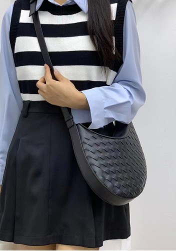 Mia Drop Woven Leather Shoulder Bag Black