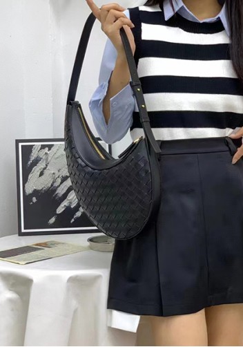 Mia Drop Woven Leather Shoulder Bag Black