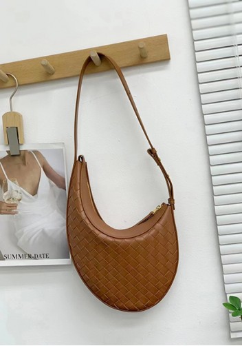 Mia Drop Woven Leather Shoulder Bag Brown
