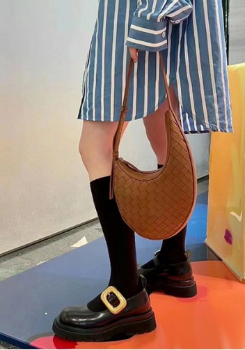 Mia Drop Woven Leather Shoulder Bag Brown