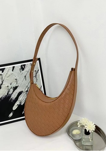 Mia Drop Woven Leather Shoulder Bag Brown
