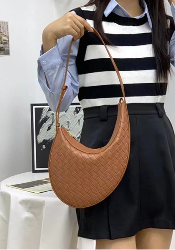 Mia Drop Woven Leather Shoulder Bag Brown