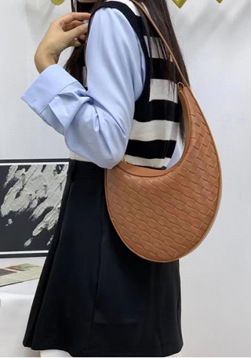 Mia Drop Woven Leather Shoulder Bag Brown