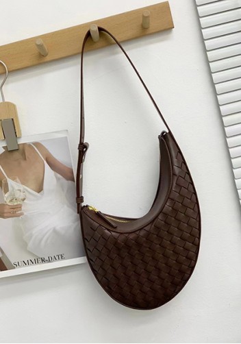 Mia Drop Woven Leather Shoulder Bag Choco
