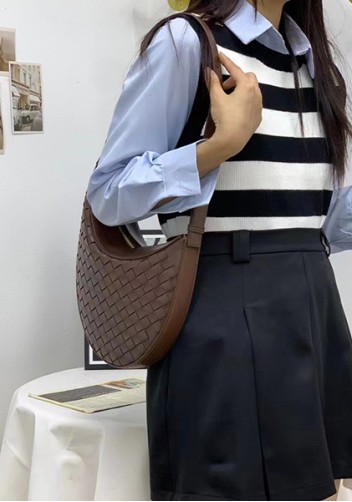 Mia Drop Woven Leather Shoulder Bag Choco