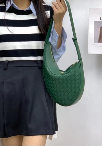 Mia Drop Woven Leather Shoulder Bag Green
