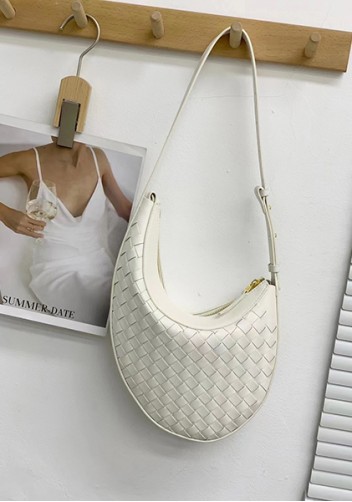 Mia Drop Woven Leather Shoulder Bag White