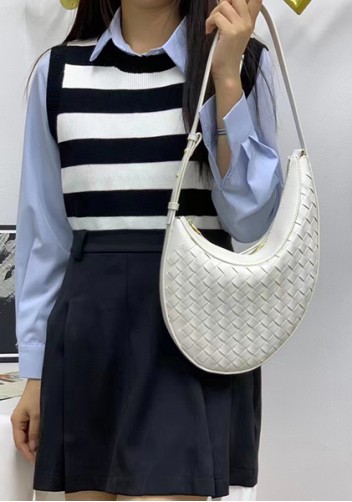 Mia Drop Woven Leather Shoulder Bag White