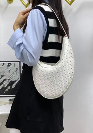 Mia Drop Woven Leather Shoulder Bag White